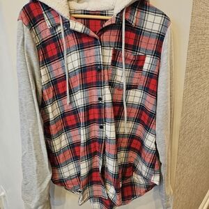 Red and Gray Plaid Hooded Shirt